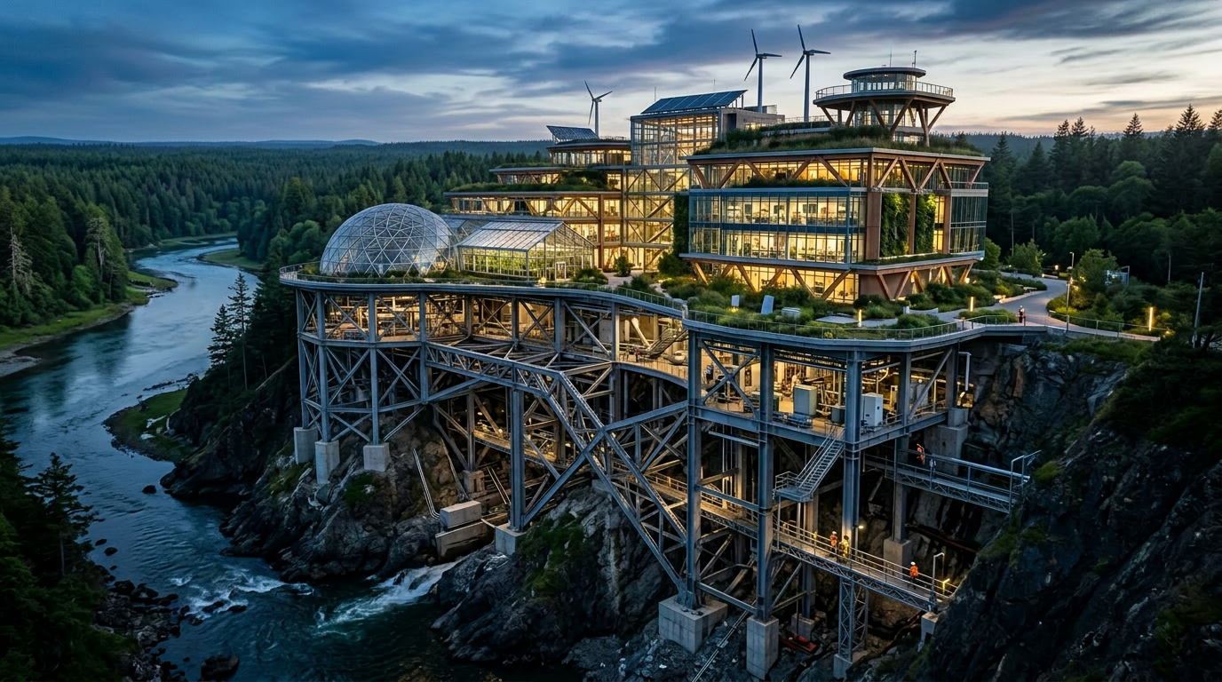 Sustainable coastal research facility with wind turbines and green rooftop gardens at dusk